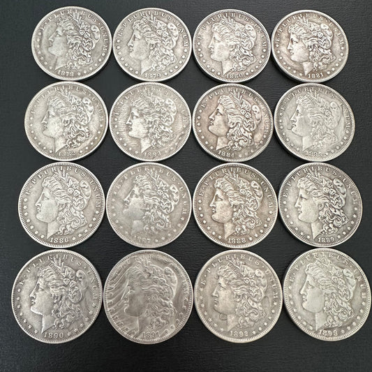 Obverses of 16 Morgan dollar replica coins (1878–1893)