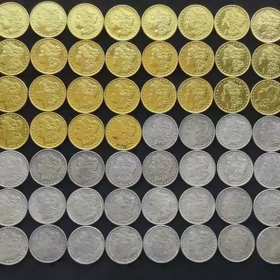 56 gold-tone and silver-tone Morgan dollar replica coins (1878-1921)