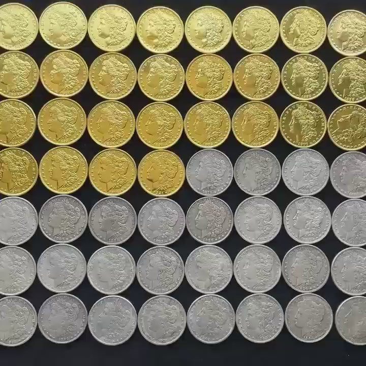 56 gold-tone and silver-tone Morgan dollar replica coins (1878-1921)